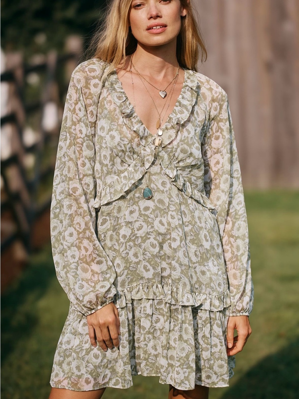 Loverly Grey x Anthropologie Floral Ruffled V-Neck Long Sleeve Mini Dress